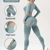 Resim 2'li Kadın Atletik Seti - Uzun Kollu Yoga Crop Top & Yüksek Bel Koşu Taytı, Kompresif Uyumlu Kaymaz Tasarım, Nefes Alabilen & Esnek Kumaşla Geliştirilmiş Antrenman Deneyimi, Yoga Giyimi|Dikişsiz Spor Seti|Yüksek Bel Tayt, Antrenman Aksesuarları 