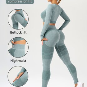 Resim 2'li Kadın Atletik Seti - Uzun Kollu Yoga Crop Top & Yüksek Bel Koşu Taytı, Kompresif Uyumlu Kaymaz Tasarım, Nefes Alabilen & Esnek Kumaşla Geliştirilmiş Antrenman Deneyimi, Yoga Giyimi|Dikişsiz Spor Seti|Yüksek Bel Tayt, Antrenman Aksesuarları 
