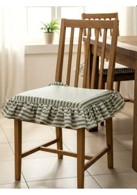 Resim Yeşil Çizgili Buldan Yıkanmıs Keten 4 Tarafı Fırfırlı Sandalye Minderi Çok Renkli 