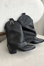 Resim GOFFSHOES Kadın Silver Kovboy Geniş Konç Çizme - siyah-deri 