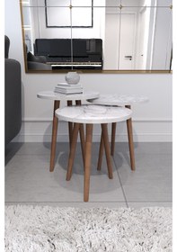 Resim Tokyo Orta Sehpa Ve Zigon Sehpa 4'Lü Salon Seti - Beyaz Mermer 