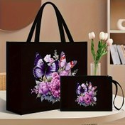 Resim 2 adet Eşleşen Cüzdan ile Tote Çanta Seti, Kelebek ve Çiçek Desenli, Dayanıklı Katlanabilir Moda Çantalar, Siyah, Sabit Omuz Askıları ile, Polyester Astar, Kissing Kilidi Kapanışı, Geometrik Desen, Alışveriş ve Seyahat için 