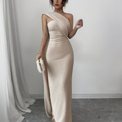 Resim Asimetrik Bel & Sırt Yırtmaçlı Kadınlar için Şık Tek Omuz Pullu Bodycon Elbise - Sevgililer Günü, Randevular, Galalar için Esnek Bej Resmi Parti Elbisesi - Makinede Yıkanabilir, Pul Resmi Elbise, Galaxy Etkinlik Kıyafeti, Düzgün Kesim 