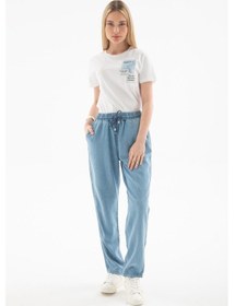 Resim 25y0657k1 Kadın Beli Bağlamalı Denim Pantolon A.mavi 