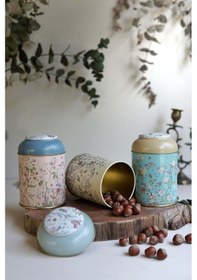 Resim Flora Desenli 3'lü Yuvarlak Metal Saklama Kabı Seti, 9 X 11 Cm, 0,6 Lt 