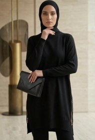 Resim Gülseli Yan Fermuarlı Tesettür Triko Tunik Siyah TZL-P-00020925 