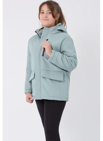 Resim Kız Çocuk Kürklü Su Ve Rüzgar Geçirmez Kapüşonlu 3 Cep Kışlık Mont & Kaban & Parka-69 Mint Yeşili 