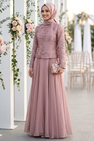 Resim N.S NEVA STYLE Büzgü Detaylı Somon Tesettür Abiye Elbise 54912SMN 
