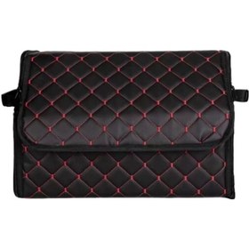 Resim Oto Bagaj Organizeri Kapitone Deri Çanta Kırmızı Dikişli Siyah 1 Adet 