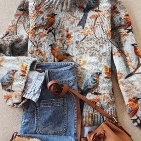 Resim Kadınlar İçin Zarif Çiçek Desenli Yüksek Yaka Kazak - Kahverengi & Kuş & Yaprak Tasarımlı, Orta Esneklikte, Yumuşak Yuvarlak Yaka, Günlük & Resmi Kullanıma Uygun, Bayan Kazakları 