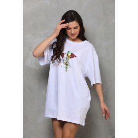 Resim Beruflic Bisiklet Yaka Baskılı Oversize T-Shirt - Beyaz 