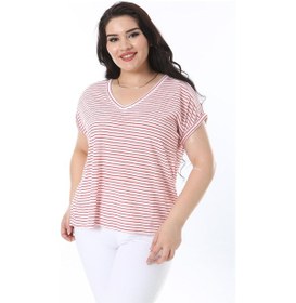 Resim Kadın Büyük Beden Kırmızı V Yakalı Düşük Kollu Çizgili Bluz 65n38227-kırmızı Kırmızı 