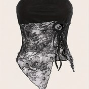 Resim Kadınlar için Şık Y2K Esintili Dantel Tüp Üst - Çiçek Desenli, Esnek Polyester Karışımı, İlkbahar/Yaz için Mükemmel 