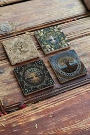 Resim Oscar Stone Decor Taş Bardak Altlığı Stone Coasters - 4Lü Set Hayat Ağacı Seti Ba533 