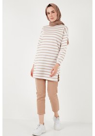 Resim Lela Modest Çizgili Pamuklu Regular Fit Bisiklet Yaka Bayan Tunik 5865784 Bisküvi 