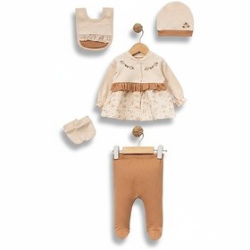 Resim Kız Bebek 0-3 Ay Çiçek Nakışlı Organik Pamuk 5 Li Set Kahve 