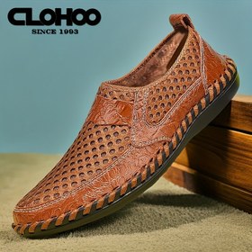 Resim Erkekler için CLOHOO Gerçek Deri Slip-On Sandaletler Nefes Alabilir File & Yumuşak Kauçuk Tabanlı - Yaz, Plaj ve Dış Aktiviteler İçin Hafif Yuvarlak Burunlu Günlük Ayakkabılar 