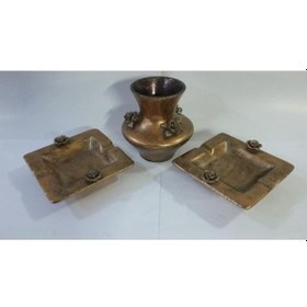 Resim Vazo -Kül Tablası Seramik Eskitme Çalışma 3 Lü Takım-Brons-15X15 Cm 