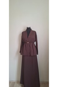 Resim ALTINATMAZ Kadın Kahverengi Kimono Yaka Ceketli Etekli Kombin Takım 