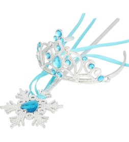 Resim Mavi Taşlı Elsa Çocuk Taç ve Kar Temalı Kurdeleli Elsa Asası Sopası 
