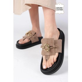 Resim Mio Gusto Alison Hakiki Süet Vizon Renk Platform Tabanlı Parmak Arası Kadın Terlik 