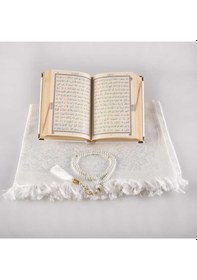 Resim Seccade + Tesbih + Kuran Hediye Seti (Çanta Boy, Kadife, Beyaz) 