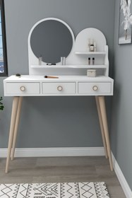 Resim Arnetti Ruges Çekmeceli Ahşap Ayaklı Aynalı Makyaj Masası, Beyaz - Ruges 