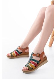 Resim 731-204 Multi Hakiki Deri Dolgu Topuklu Günlük Kadın Sandalet Bej 