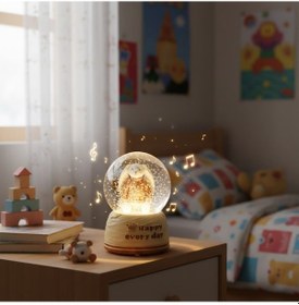 Resim Pilli Işıklı Müzikli Kar Küresi Sevimli Ayıcık Figürlü Eğlenceli Masaüstü Biblo, Led Aydınlatmalı Dekoratif Hediyelik Kar Küresi Sarı 