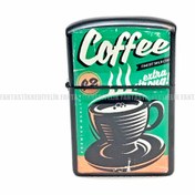 Resim Coffee Kahve Tasarım Mat Siyah Kapaklı Benzinli Çakmak 