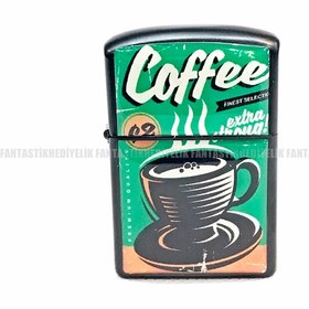 Resim Coffee Kahve Tasarım Mat Siyah Kapaklı Benzinli Çakmak 