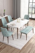 Resim Canisa Are Serisi Mdf 80x132 Açılabilir Beyaz Masa Ceviz Ayak Masa Takımı 4 Su Yeşili Sandalye Ve 1 Bench 