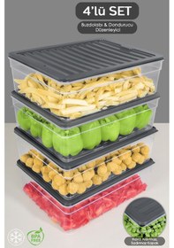 Resim 4'lü Derin Buzdolabı Organizer Set Düzenleyici Saklama Kabı Mikrodalga Difriz Kabı 5300 ML Antrasit 