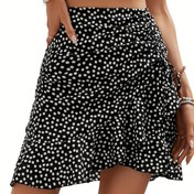 Resim Kadınlar için Yüksek Bel Çiçekli Sarma Etek ve Fırfır Kenarlı - Şık Siyah & Beyaz Puantiyeli Mini Etek, Makinede Yıkanabilir Polyester, İlkbahar/Yaz/Sonbahar için Mükemmel 