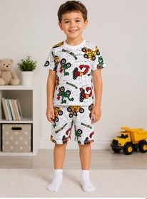 Resim Aliş Kids Erkek Çocuk Pamuklu Beyaz Kepçe İş Makinesi Desenli Kısa Kollu Şortlu Yazlık Pijama Takımı 