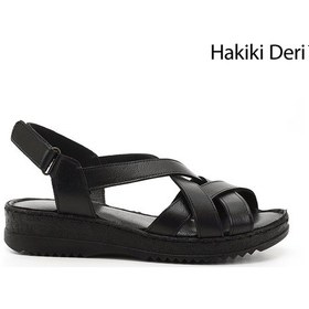 Resim Gönderi(R) Gönderi R Siyah Cırt Bantlı Dolgu Topuk Hakiki Deri Sandalet Siyah 