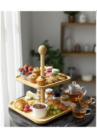 Resim 2 Katlı Kare Bambu Sunumluk Doğal Bambu Servis Standı, Kek & Pasta Sunum Tepsisi Açık Kahverengi 