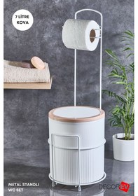 Resim Decorev 7 Litre Banyo Mutfak Çöp Kovası Metal Standlı Tuvalet Wc Kağıtlık Seti Beyaz 