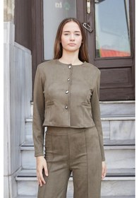 Resim Kadın Esnek Süet Kumaş Sıfır Yaka Flato Cepli Uzun Kol Blazer Ceket-haki Haki 