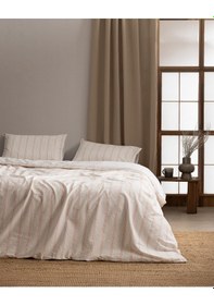 Resim Madame Coco Linda Çizgili Çift Kişilik %100 Pamuk Yıkamalı Gofre Nevresim Takımı - Beyaz/mercan Çok Renkli 