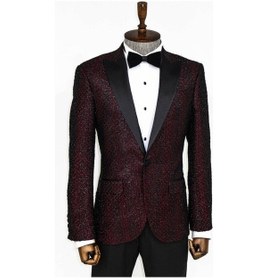 Resim Wessi Kareli Desenli Simli Bordo Erkek Smokin Ceket Bordo 