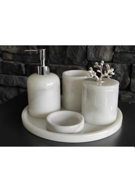 Resim Beyaz Mermer Gümüş Mercan Aksesuarlı 5'li Banyo Seti Beyaz 