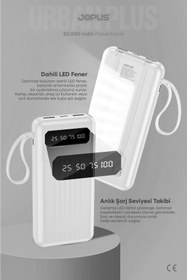 Resim Jopus 20000mAh PowerBank Dahili Kablolu, LCD Ekranlı, LED Lambalı, Taşınabilir Şarj Cihazı - Beyaz JP-P11A 