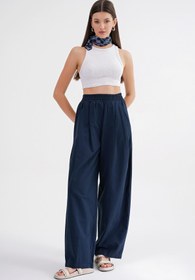 Resim Mixray 4682 Kadın Beli Lastikli Jogger Bol Keten Pantolon Lacivert 