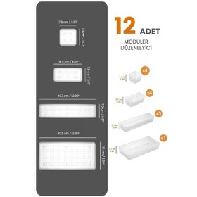 Resim 12 Parça Modüler Kaşıklık Seti - Ayarlanabilir Mutfak Çekmece İçi Düzenleyici Organizer Şeffaf 