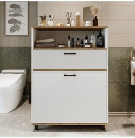 Resim Çamaşır Sepetli Banyo Dolabı, Çok Amaçlı Dolap 90 Cm Atlantik Çam - Beyaz 