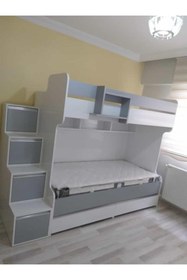 Resim Duranlar Ahşap Mobilya Gri & Beyaz Yavru Yataklı Ranza (MDF) 