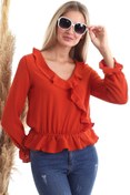 Resim Cotton Mood 20343266 Ayrobin Kruvaze Fırfırlı Uzun Kol Bluz Kıremıt 