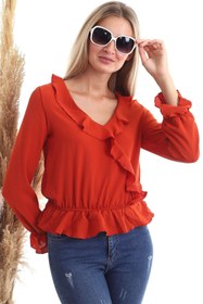 Resim Cotton Mood 20343266 Ayrobin Kruvaze Fırfırlı Uzun Kol Bluz Kıremıt 