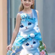 Resim Kızlar için Mavi Sevimli Gülümseyen Kedi Elbise - Kolsuz, Günlük Polyester Yazlık Kıyafet Çiçek ve Kelebek Detaylarıyla 